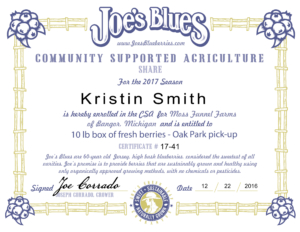 Joe's Blues CSA Certificate